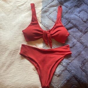 Red Highwaisted Bikini with a Tie-front Top